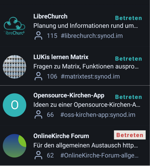 Screenshot: Matrix-Raum der OnlineKirche beitreten