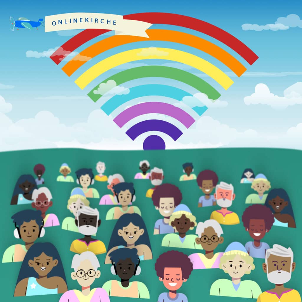 Menschen verschiedener ethnischer Hintergründe nehmen an einer virtuellen Gottesdienstveranstaltung teil, sichtbar durch den Wi-Fi-Signal, das wie ein Regenbogen im Himmel erscheint, was die Verbindung und Gemeinschaft in der OnlineKirche darstellt.