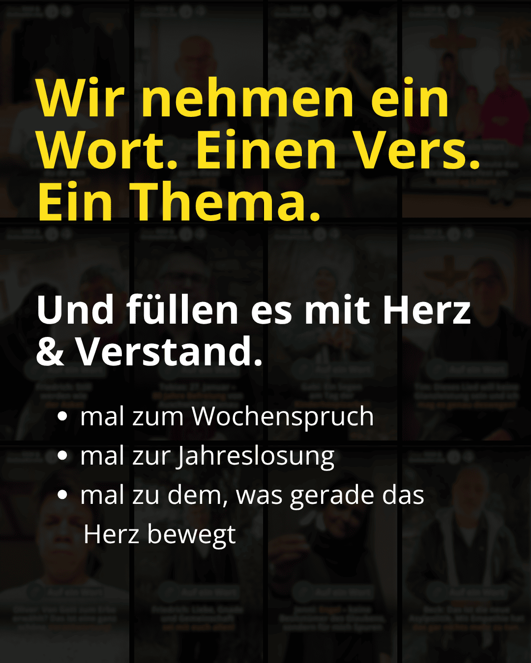 Text vor dunklem Hintergrund. Slidertext. Auf ein Wort. Wir nehmen ein Wort. Einen Vers. Ein Thema. OnlineKirche, digitale evangelische Gottesdienste, Christliche Gemeinschaft online, spirituelle Inhalte, religiöse Zusammenkünfte im Internet.