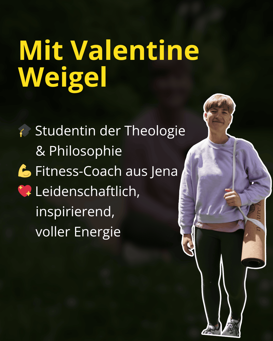 Text vor dunklem Hintergrund. Slidertext. Body & Soul. Mit Valentine Weigel. Beschreibung von Valentine.
