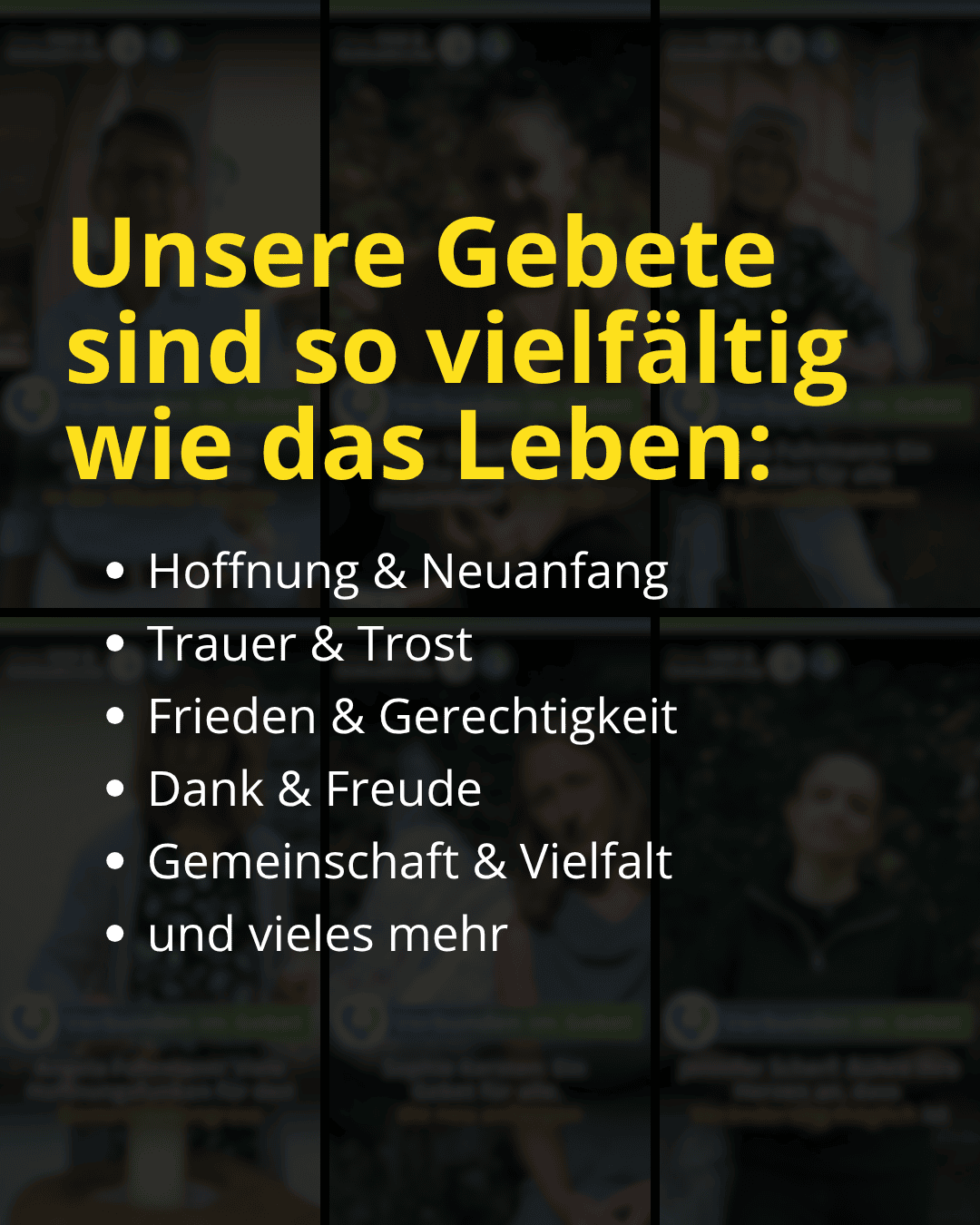 Text vor dunklem Hintergrund. Slidertext. Verbunden im Gebet. Gottesdienste online, Gebetsraum in der OnlineKirche, virtuelle Gemeinde, gemeinsames Gebet, christliche Gemeinschaft, digitale Kirche, spirituelle Zusammenkunft, lebendige Glaubenspraxis, christliche Online-Community, spirituelle Verbindung im Internet.