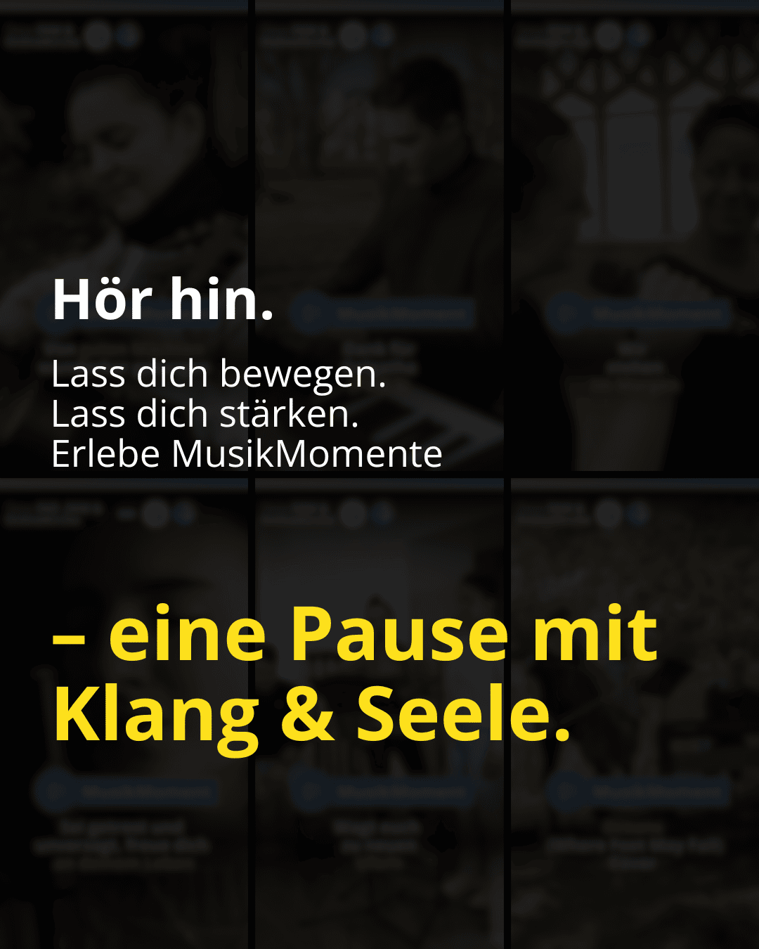 Text vor dunklem Hintergrund. Slidertext. MusikMomente. Hör hin – OnlineKirche: Bewegung, Stärkung und Musikmomente für eine spirituelle Pause, die Körper und Seele verbindet. Entdecken Sie inspirierende digitale Gottesdienste und Online-Gottesdienstangebote.